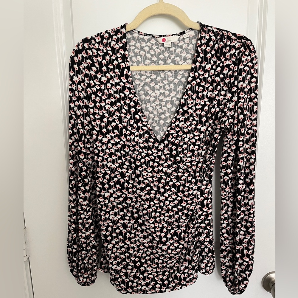 Boden Black and Pink Floral Wrap-Style Long Sleeve Blouse